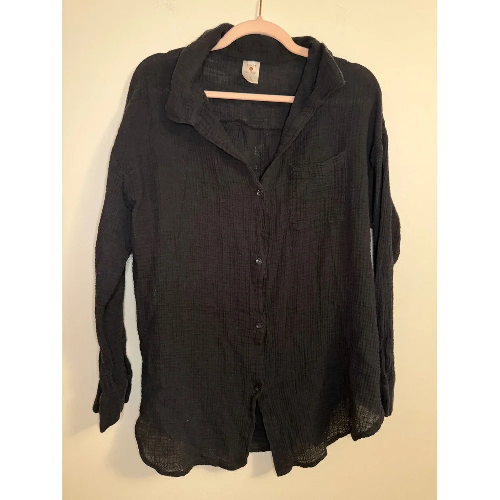 Shade & Shore Womens XL Black Gauze Button Down Swim Cover Up Shirt Long Sleeve